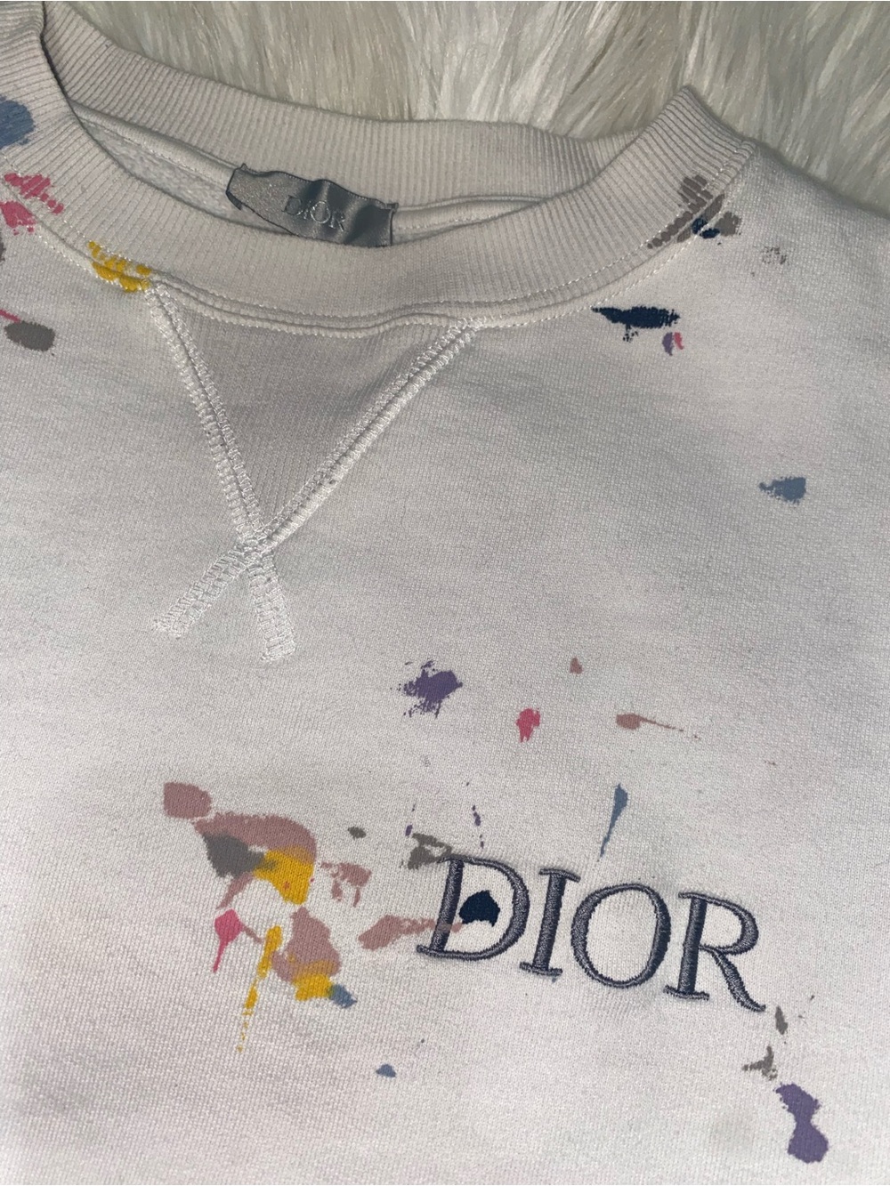 Dior White Paint-Splatter Logo Sweatshirt- Medium